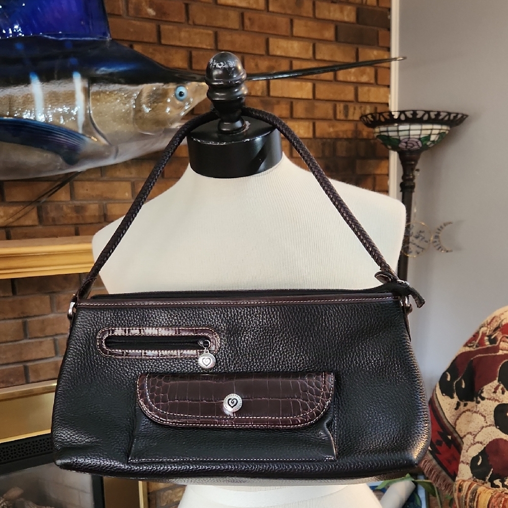 Brighton Black Leather Handbag with Croc-Embossed Accents Braided Handle